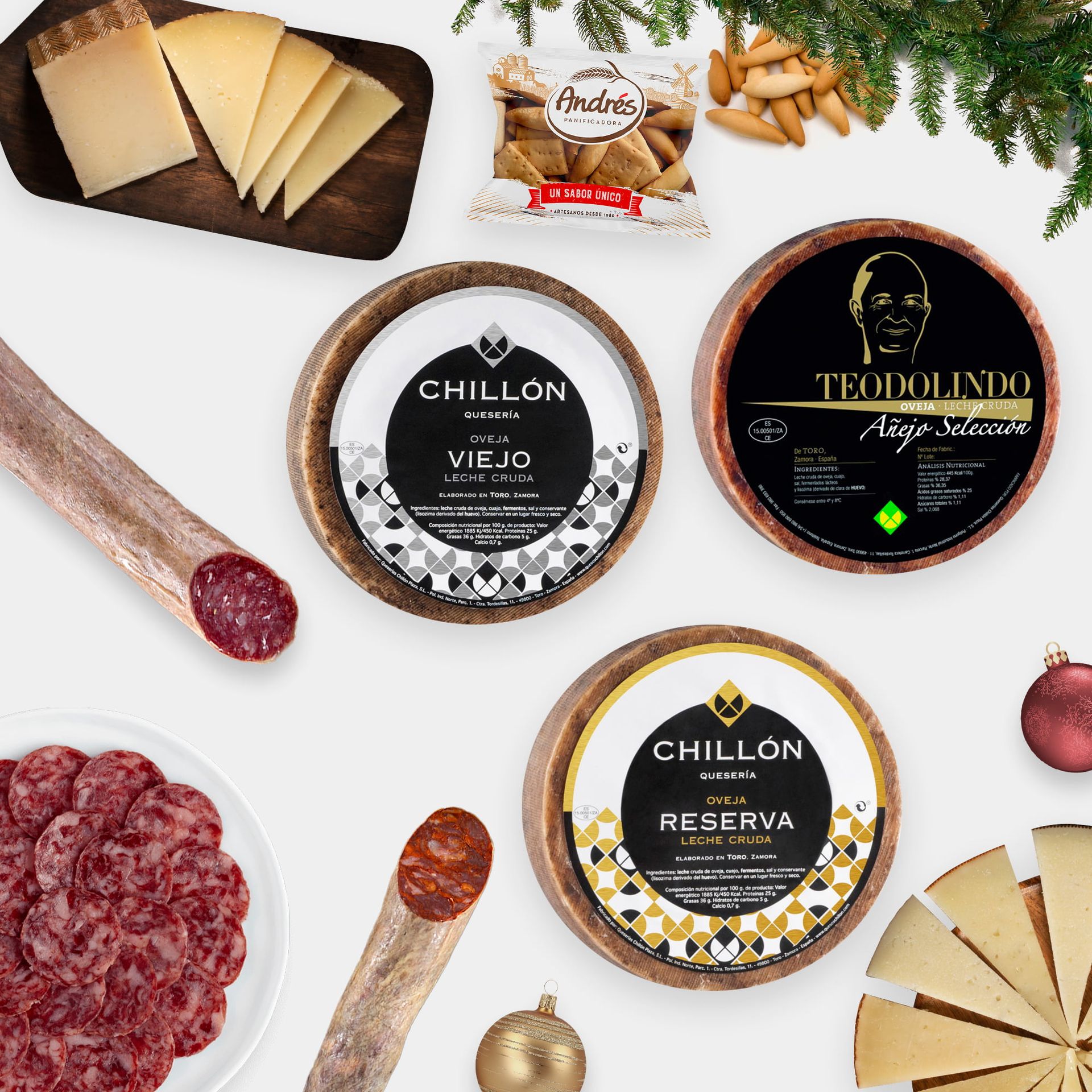 Christmas hamper with cheeses and cured meats